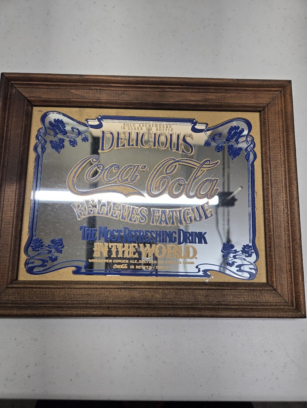 Vintage Delicious Coca Cola Relieves Fatigue Wood Framed  Mirror Blue Lettering